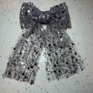 Altar'd State Sequin Sparkly Bow Silver Gray Double Layered Hair Clip Bling  NEW